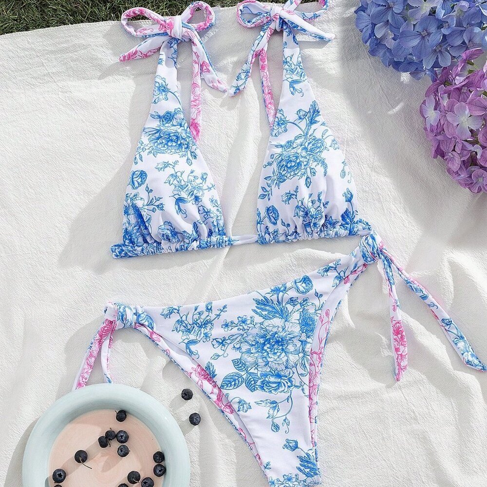 Multicolor Boho Women's Bikini with Waist Tie & Halter Neck